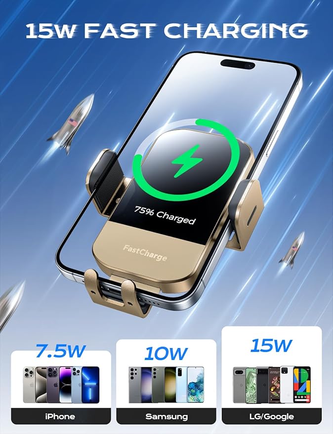 CHGeek Wireless Car Charger, 15W Fast Charging Auto Clamping Car Charger Phone Mount Phone Holder fit for iPhone 15 14 13 12 11 Pro Max Xs, Samsung Galaxy S25 Ultra S24 S23 S22, S21, S20, Golden
