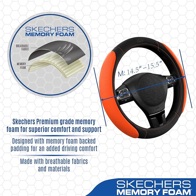 Skechers Steering Wheel Cover, Memory Foam Car Steering Wheel Cover,14.5-15inch Anti-Slip Safety Comfortable Desgin, Universal Accessory for Diverse Cars, Truck,SUV (Black & Orange)