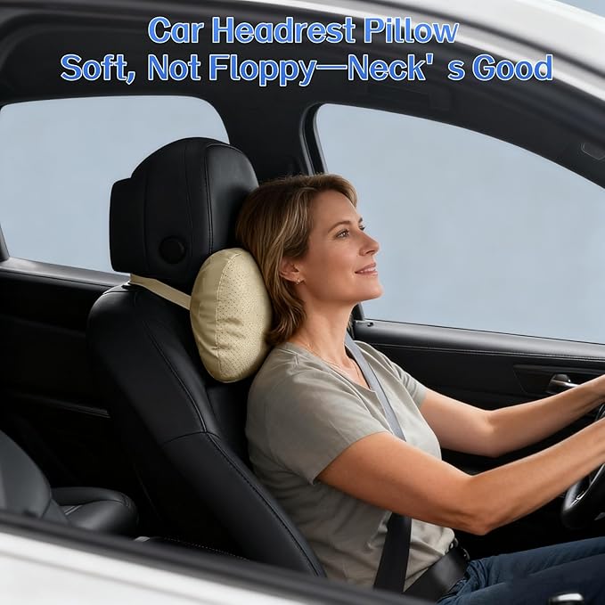 Car Neck Pillow, 2 Pack PU Leather Car Headrest Pillows with Adjustable Strips, Car Neck Support Ergonomic Du-Pont Bio Cotton Pillow, Head Rest Travel Pillow for Car (Beige, Soft Style)