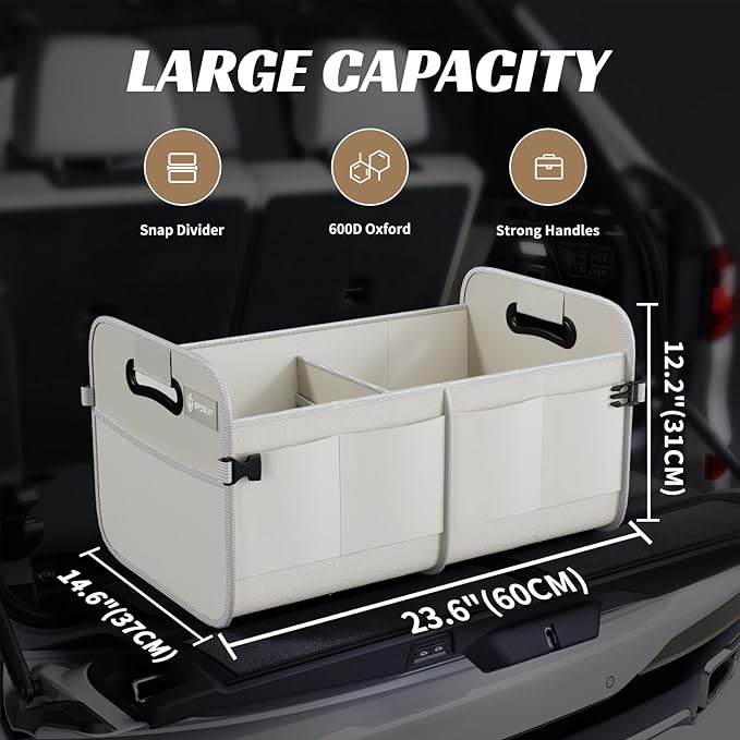 Sposuit Trunk Organizer for Car - 70L Collapsible Trunk Storage with 11 Pockets & Reinforced Handles, SUV Trunk Organizers for Grocery Cargo(White)