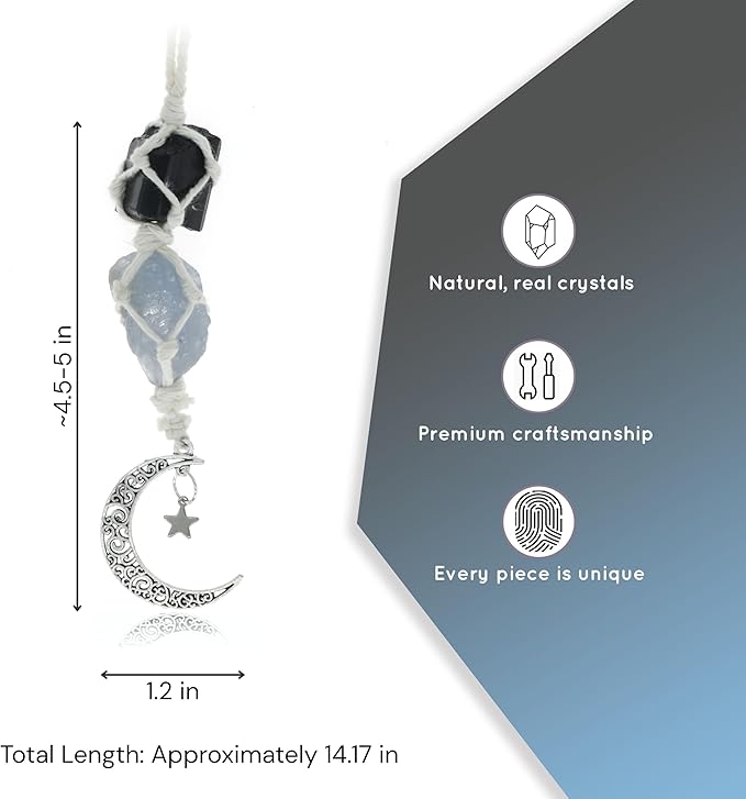 BOHO GARDEN Hanging Car Charm - Black Tourmaline & Blue Calcite - Dangling Moon & Healing Crystal Accessories, Rearview Mirror Decorations - Confidence, Calmness, Creativity, Protection, Communication