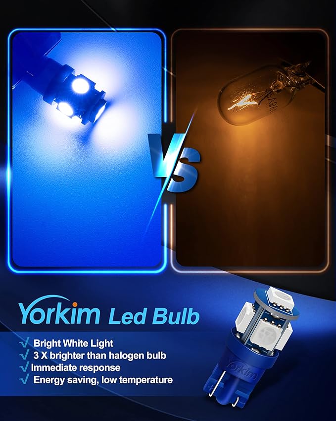 Yorkim 194 LED Bulbs Blue Super Bright New 5th Generation, T10 LED Bulbs, 168 Bulb for Car Interior Door Courtesy Dome Map License Plate Lights W5W 2825, Pack of 10