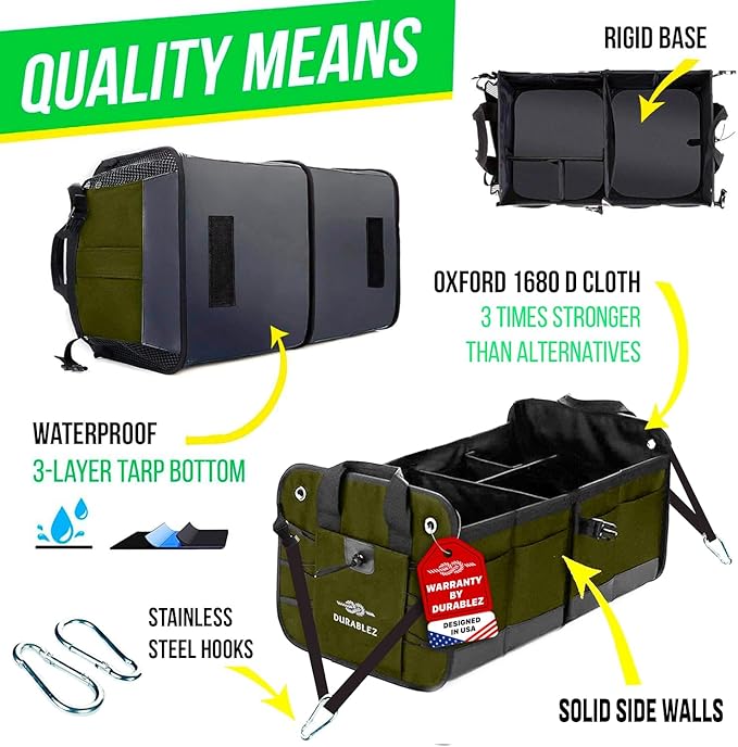 Heavy Duty Foldable Trunk Organizer 2-Section – Dual-Compartment Car Cargo Box with Non-Slip Pads & Removable Dividers – Green