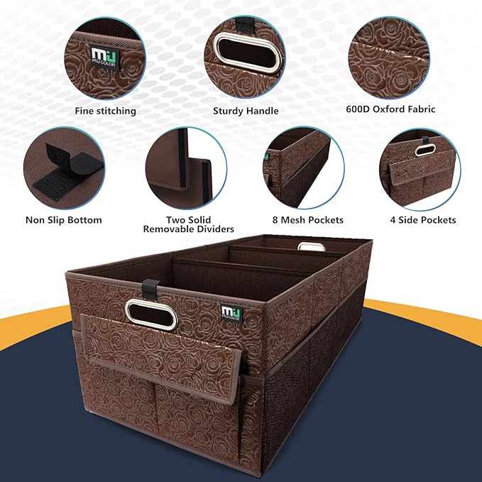 MIU COLOR Trunk Organizer for Car, 12 Pockets Sturdy Car Organizer for SUV, Non-Slip Bottom, Storage Organizer for Sedans, Van, Jeep, Grocery, Large 3 Compartments, Brown Vintage 32"×13"×10.6"