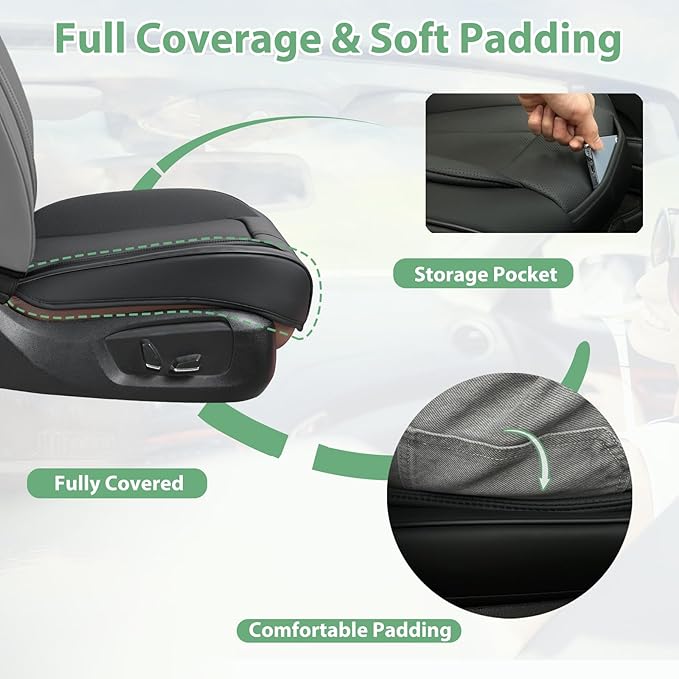 2 Pack Leather Front Car Seat Cover Bottom Only, Anti-Slip Padded Seat Cushion, Full Wrap Seat Protector with Storage Function Universal Fit for Most Cars, SUV, Pick-up Trucks (Black)
