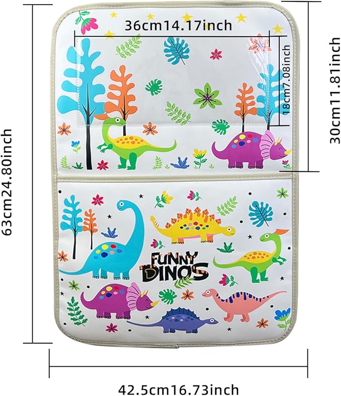 2-Pack kids Leather Car Backseat Organizer with Foldable Table Tray, Car Storage Organizer with Tablet Holder, Car Seat Back Protectors Kick Mats, Travel Accessories (Dinosaur)