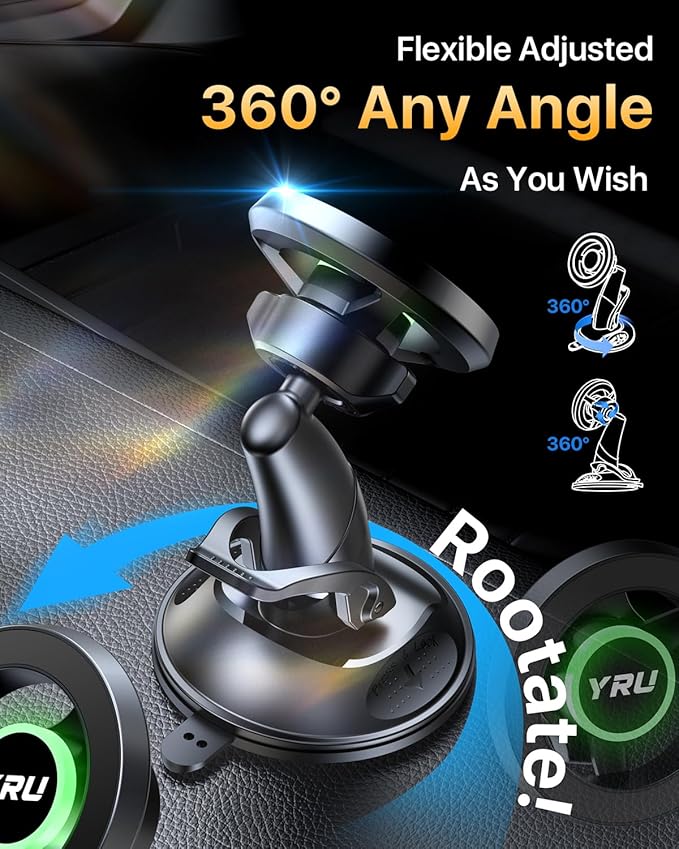 YRU [Truely Upgrade & Patent] Car Phone Holder for Magsafe [98+LBS Strongest Suction & Enhanced Magnetic] Dashboard Car Mount Windshield Vent Phone Stand for iPhone 17/16/15/14/13/12 Pro Max, Black