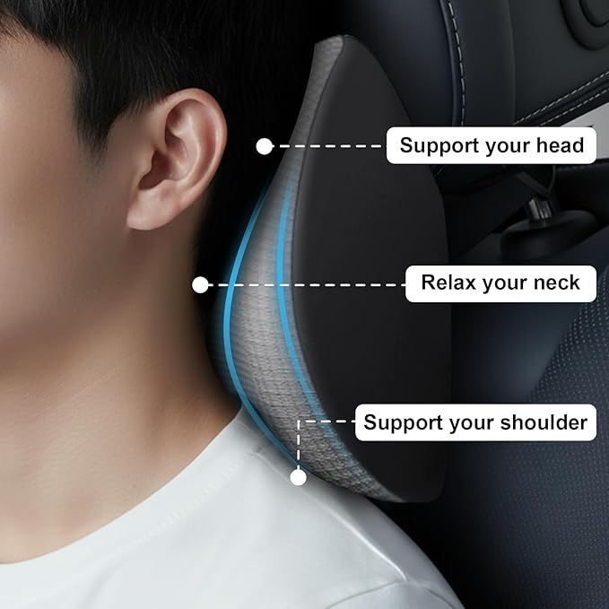 Arazi 2-Pack Car Headrest Pillow Memory Foam Car Neck Pillows for Driving with Adjustable Strap, Neck Support for Pain Relief, Breathable Removable Cover, Fit All Car Seats - Light Gray