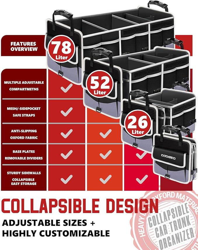 Car Trunk Organizer with Portable Leak Proof Cooler Bag, 3 Compartments Collapsible Car Organizers and Storage with Foldable Cover, Christmas Gifts, Suitable for SUV, Auto, Truck, Minivan