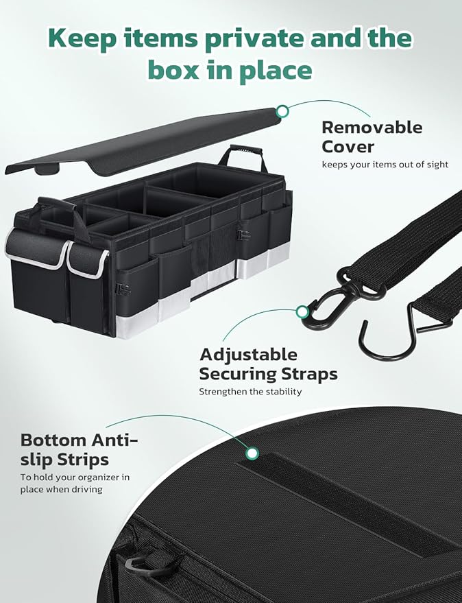 Oasser Trunk Organizer with Cooler Bag, Large Collapsible Car Trunk Organizer for SUV with Multi Compartments, Car Storage Grocery with Lid (Extra Large, Black&Grey)
