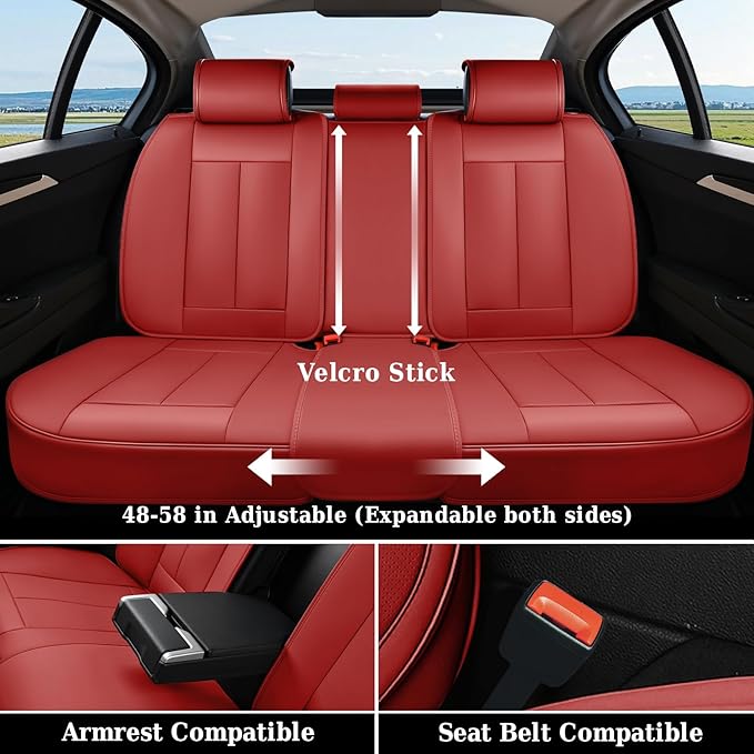 Coverado Rear Seat Covers, Faux Leather Car Seat Cover Back Seat, Dog Back Seat Cover, Red Backseat Car Covers, 3-Pieces Waterproof Seat Covers, Universal Car Seat Protector Fit Most Cars