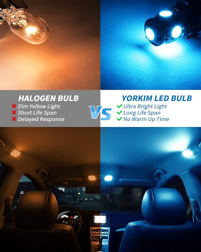 Yorkim 194 LED Bulbs Ice Blue Super Bright 5th Generation, T10 168 LED Bulb for Car Interior Dome Map Door Courtesy License Plate Lights W5W 2825, Pack of 10