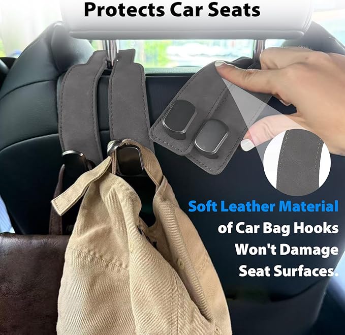Car Seat Hooks 2 Pack, Leather Headrest Hooks for Car with Double-Hook Design, Durable Headrest Hook Bag Holder Purse Hanger, Organizer for Seat Back in SUV, Truck, Vehicle, Grey