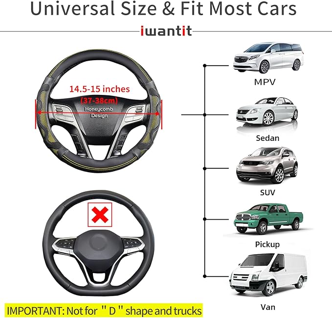 Iwantit® Steering Wheel Cover with 3D Honeycomb Anti-Slip Design and Breathable Fabrics and Pu Leather, Universal 14.5-15 Inch (Yellow/Black)