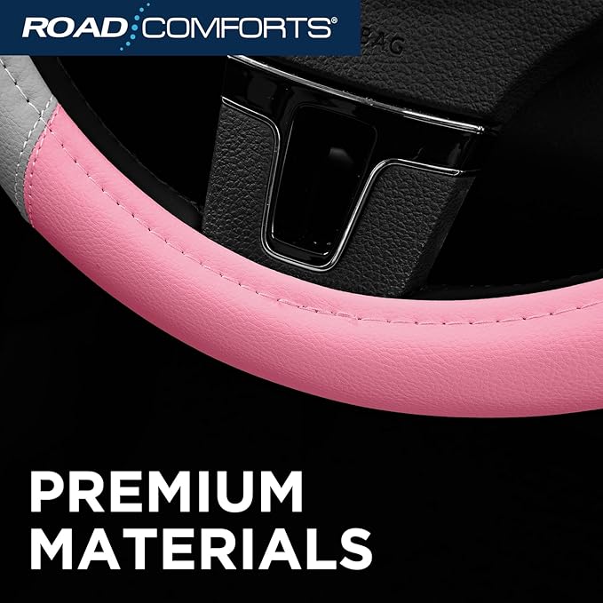 Road Comforts Car Steering Wheel Cover - Microfiber Leather Steering Wheel Wrap Sports 14.5-15 Inch Steering Wheel Cover Non-Slip for Men Women Pink & Gray Color