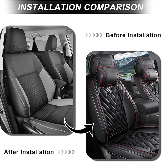 Front Set Car Seat Covers for Ford F-150 F-250 F-350 XL XLT STX Lariat King Ranch Platinum Raptor Waterproof Seat Covers 2009-2025, Anti-Slip Seat Protectors(Luxury 2 Seats/Black Red)