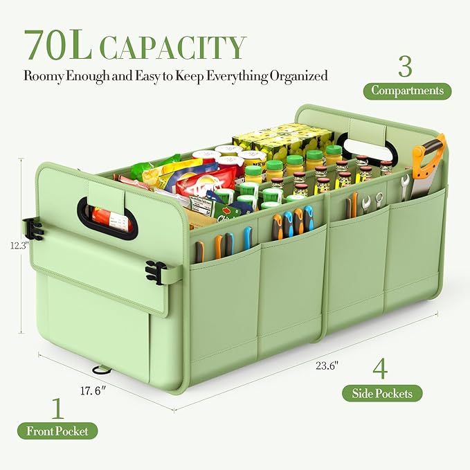 Trunk Organizer For Suv & Sedan,Car Organizers and Storage, Waterproof Collapsible & Adjustable Straps,70L Sturdy Car Organization for Car Accessories, Tools,Sundries,2-3Compartment（Green