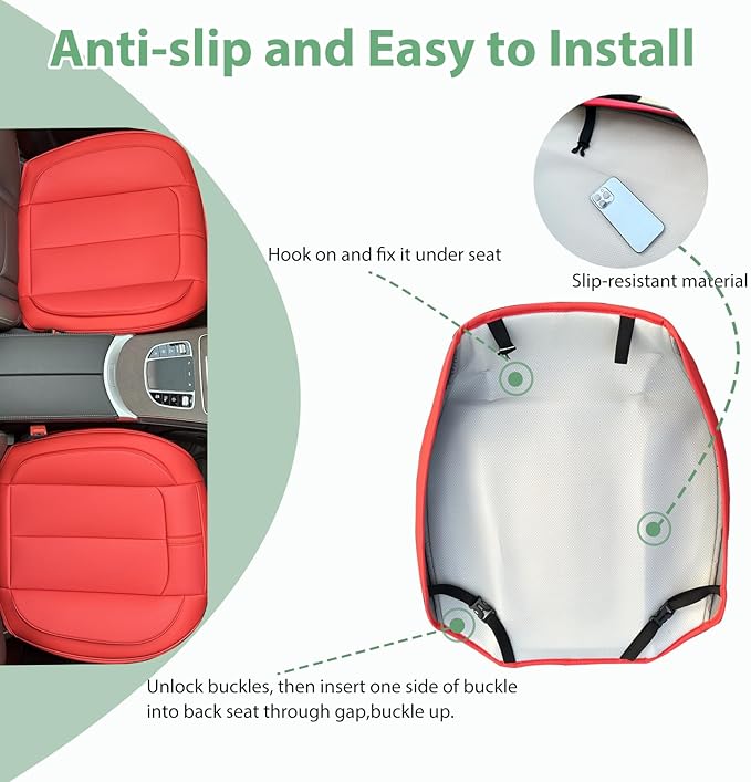 2 Pack Leather Front Car Seat Cover Bottom Only, Anti-Slip Padded Seat Cushion, Full Wrap Seat Protector with Storage Function Universal Fit for Most Cars, SUV, Pick-up Trucks (Red)