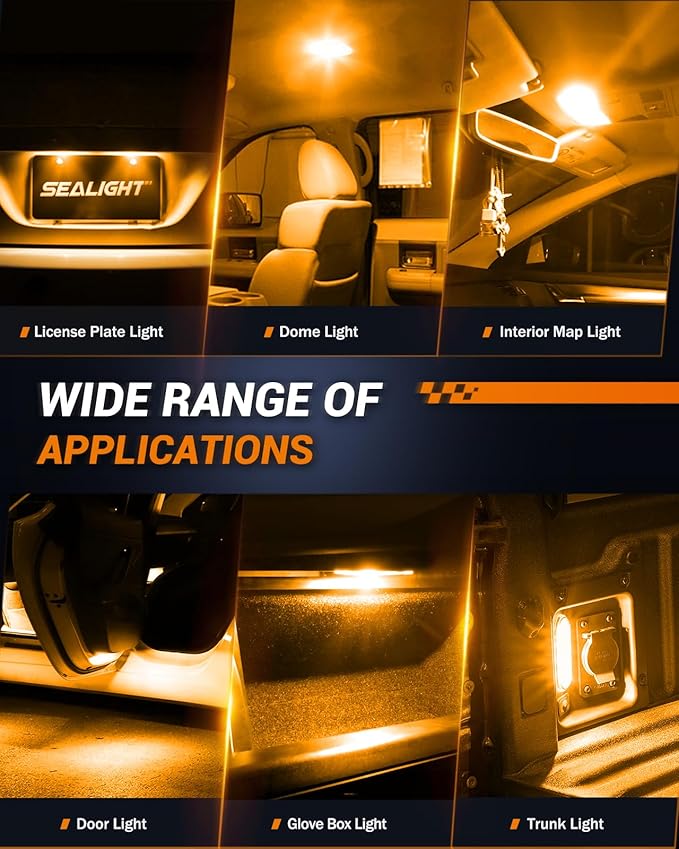 SEALIGHT 194 LED Bulb 2000K Amber 168 T10 2825 W5W 600% Brightness Wedge Interior Car Bulbs Replacement for License Plate Lights Dome Map Door Courtesy Trunk Parking, 2 PCS