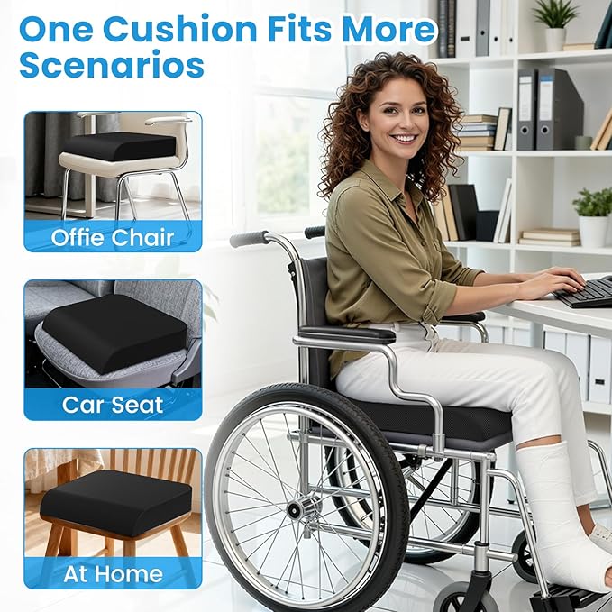 Wheelchair Seat Cushion - Cooling Gel & Memory Foam Office Chair Cushion with Non-Slip Bottom & Washable Cover, Ergonomic Car Seat Pillow for Sciatica, Tailbone, Back Comfort (Black)
