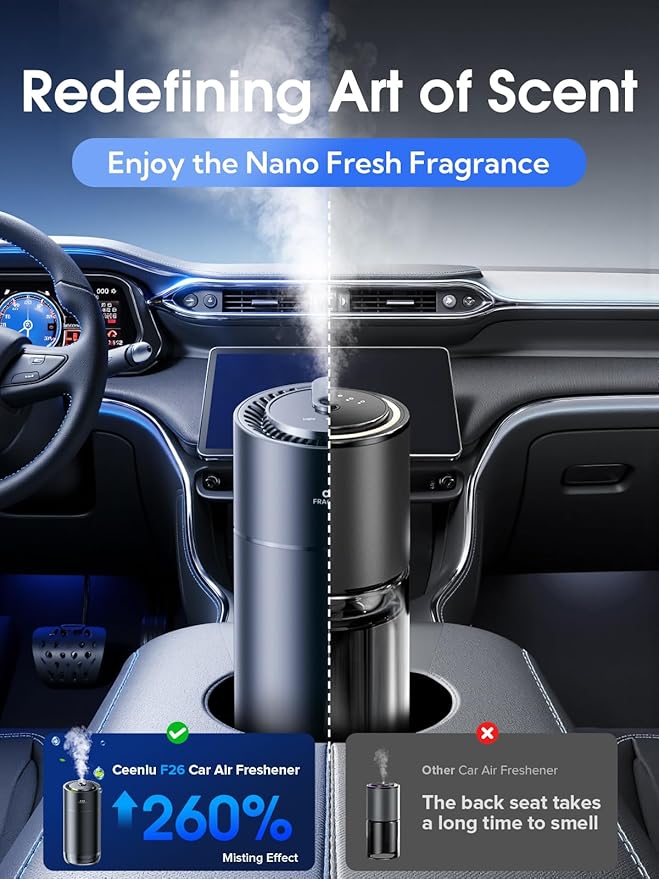 Ceeniu Smart Car Air Fresheners, New Smell Experience by Ultrasonic Mist, Auto On/Off, Powerful Built-in Battery, Natural Fragrance, Adjustable Car freshener, Cologne Scent