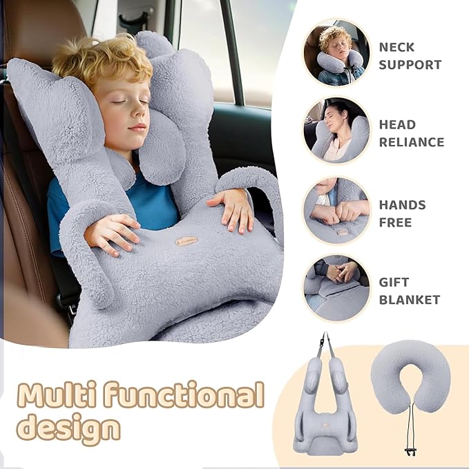 FLORICH Car Sleeping Travel Pillow for Kids, Kids Travel Pillow Removable H-Shaped Pillow for Adults and Children to Support Head and Body Road Trips with Neck Pillow and Blanket (Grey)
