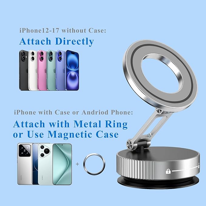 Vacuum Magnetic Phone Holder for Car,Full Metal Body,Vacuum Suction Phone Mount,Magsafe Car Mount for iPhone, Folding Holder for iPhone and Android (White)
