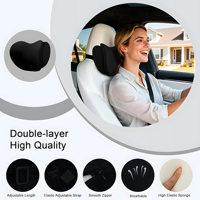 2Pcs 2025 Double-Layer Car Pillow, Cloud-Like Comfort Car Neck Pillow, Dual C-Curve Support Car Headrest Pillow – Experience First-Class Driving Comfort. (Black)