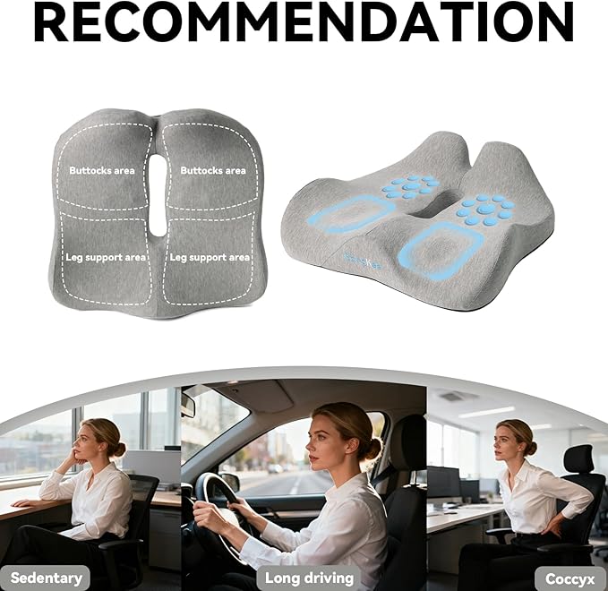 18 x 16.5 Inch Memory Foam Seat Cushion for Office Chair & Car, Pressure Buttocks Relief Comfort Cushions for Home, Work & Travel, Grey Seat Pad with Removable Washable Cover