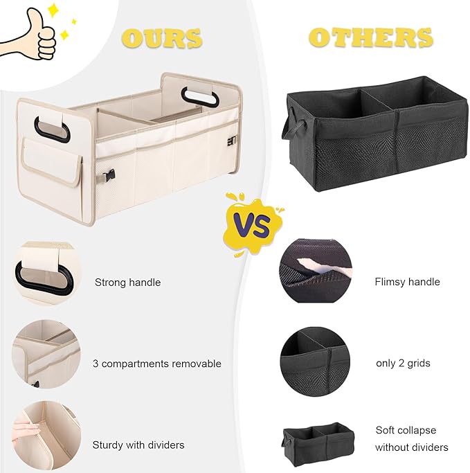 JiatuA Car Trunk Organizer, Car Organizers and Storage Collapsible Multi Compartment Container Box, Adjustable Car Accessories for SUV Sedan Truck, Standard Size, Beige