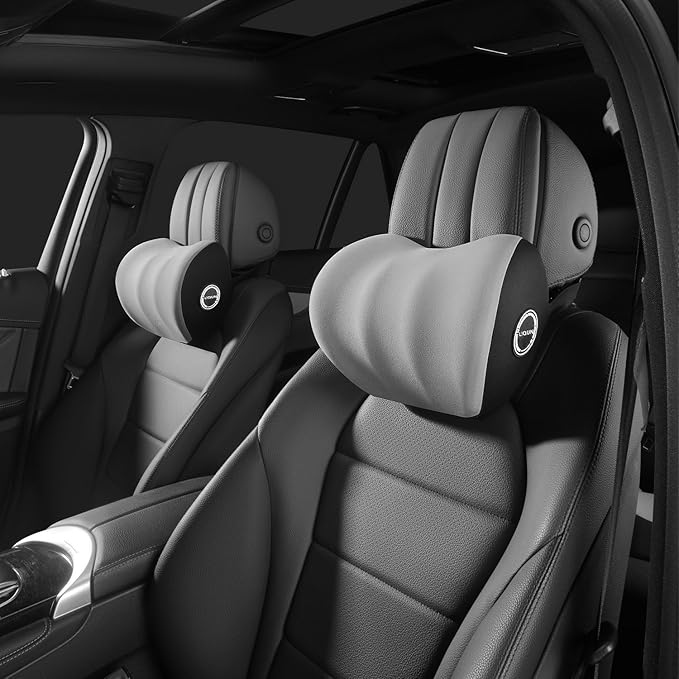 LIQUN Memory Foam Car Neck Pillow, Neck Support Pillow, Neck Support Pad Pain Relief, Adjustable Belt and Breathable Detachable, Suitable for Most Car Pillows Grey