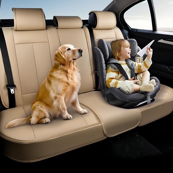 Coverado Car Seat Covers Beige, Backseat Cover for Dogs, Car Seat Cushion for Back Seat, Car Seat Protector Nappa Leather, 3-Pieces Waterproof Seat Covers Carseat Cover Universal Fit for Most Cars
