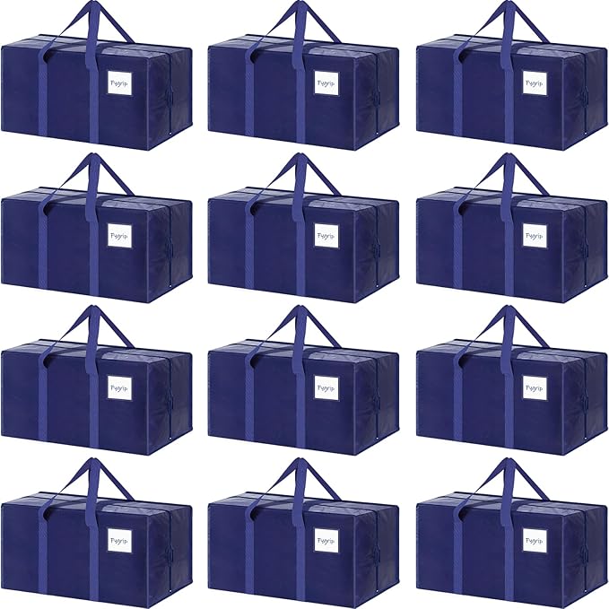 12 Pack Extra Heavy Duty Large Moving Bags with Strong Zipper & Comfortable Handles, Sturdy & Durable Clothes Storage Bags Totes Bins, Packing Moving Boxes for College Supplies, Dark Blue