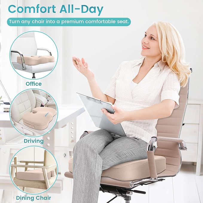 Office Chair Seat Cushion, Cooling Gel Enhanced Memory Foam Cushion for Long Sitting - Back, Sciatica, Coccyx, Tailbone Pain Relief Pillow - for Office, Gaming, Car, Wheelchair - Khaki, X-Large