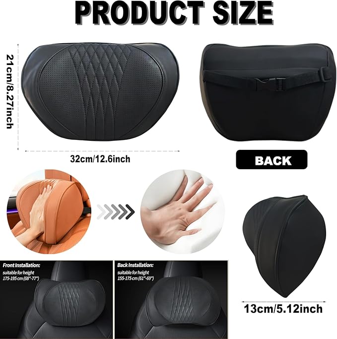 Car Neck Pillow – Premium Memory Foam Headrest with Soft Nappa Leather Feel, Ergonomic Support for Long Drives, Fits Most Vehicles(1, Black)