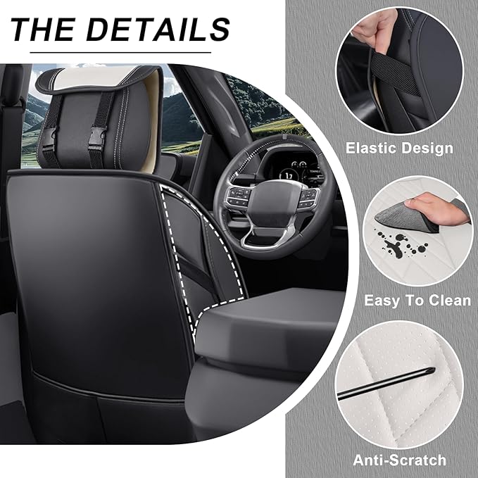 Front Set Car Seat Covers for Ford F-150 F-250 F-350 XL XLT STX Lariat King Ranch Platinum Raptor Waterproof Seat Covers 2009-2025, Anti-Slip Seat Protectors(Luxury 2 Seats/Black White)