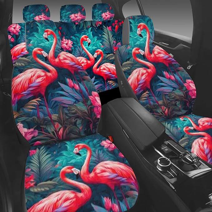 5 Pcs Premium Flamingo Car Seat Cover, Breathable & Washable Car Seat Covers Full Sets, Fashionable Printed Seat Covers for Cars Interior, Universal Fit for Most Cars, Sedan, Truck, SUV