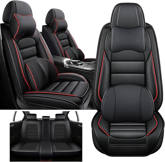 5 Seat Covers Fit for Acura ILX 2013-2022, Waterproof Premium Leather Automotive Accessories Seat Protectors Seat Cushions Wear-Resistant Car Seat Covers（Black&Red,Full Deluxe）
