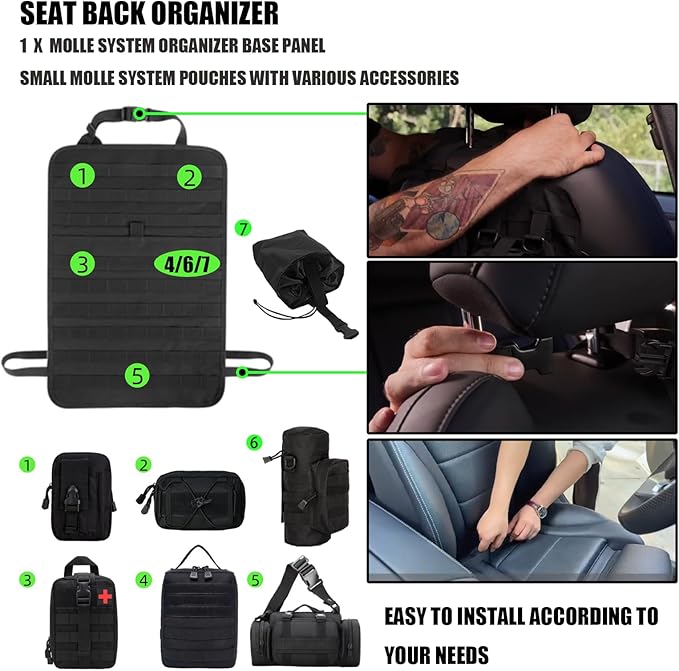 7 PACK Tactical Seat back organizer Truck organizer With 6 Detachable Pouches Universal For Car Truck Ford Jeep Military-Grade Heavier Panels With Multi-functional Packs (8 Pack Black)