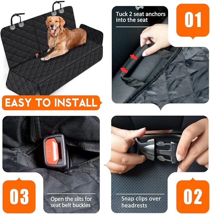 Dog Car Seat Cover, Back Seat Cover for Dogs Pet Car Seat Protector Waterproof Bench Car Seat Cover, Non-Slip Reat Seat Cover fits Middle Armrest for Most Cars Trucks SUVs - Black