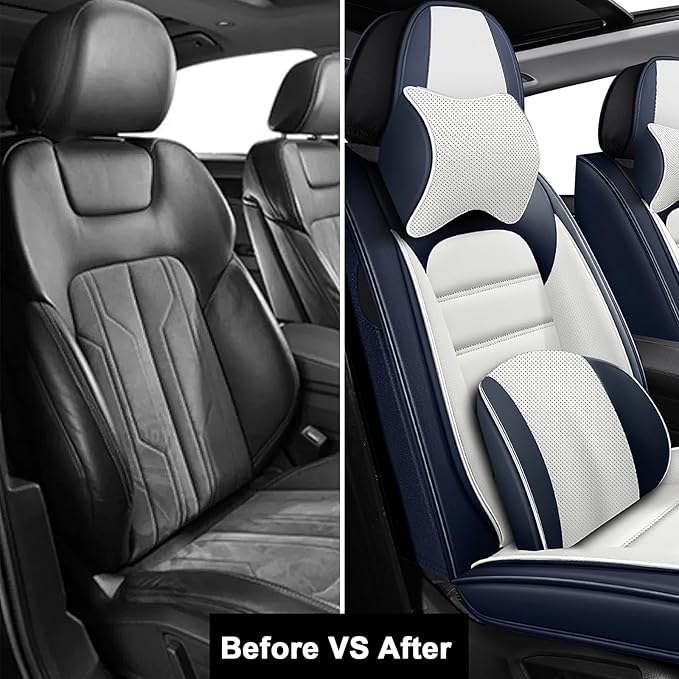 2 Car Seat Covers for Audi A4 2002-2026 Breathable Leather,Waterproof Car Seat Protectors with Comfort Headrest Pillows,Automotive Vehicle Cushion with Storage Pockets (Luxury,Blue)