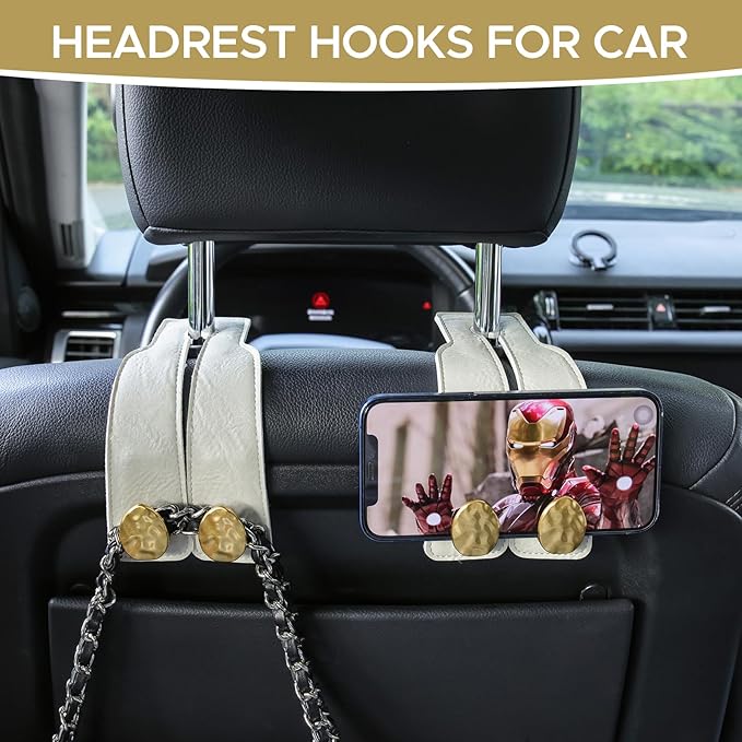 4 PCS Leather Car Seat Hooks for Headrest, Vehicle Hanger Storage Organizer Universal for Handbag Purse, Car Accessories Gift (White-Gold-4 PCS)