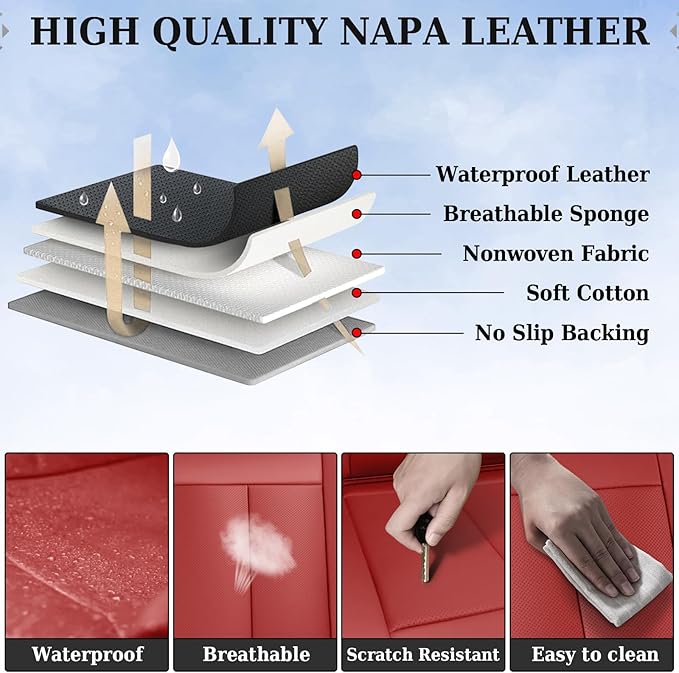 Coverado Rear Seat Covers, Faux Leather Car Seat Cover Back Seat, Dog Back Seat Cover, Red Backseat Car Covers, 3-Pieces Waterproof Seat Covers, Universal Car Seat Protector Fit Most Cars