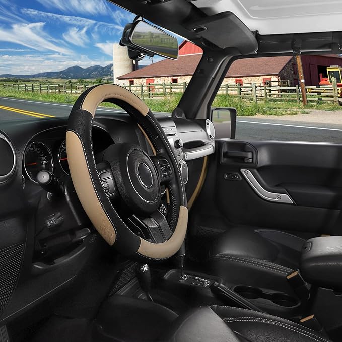 SEG Direct Car Steering Wheel Cover for F-150 Tundra Range Rover 15.5-16 inch, Black and Beige Microfiber Leather