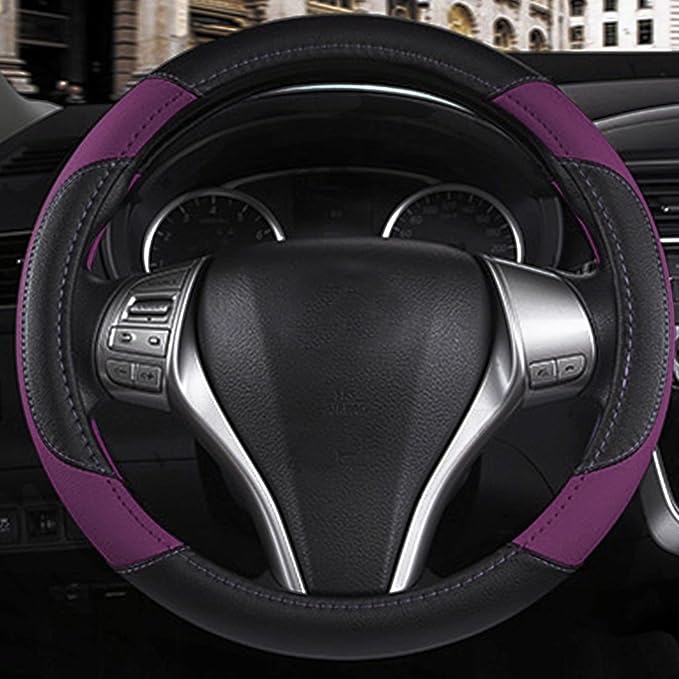 Leather Car Steering Wheel Cover, Non-Slip Car Wheel Cover Protector Breathable Microfiber Leather Universal Fit for Most Cars (Purple-2)