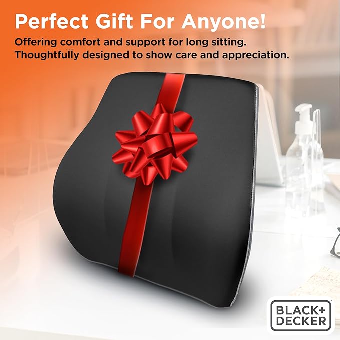 BLACK+DECKER Memory Foam Lumbar Support Pillow, Lumbar Cushion for Office, Car, Wheelchair & Airplane – Adjustable Strap, Full Back Pain Relief, Washable Cover, Black/Grey