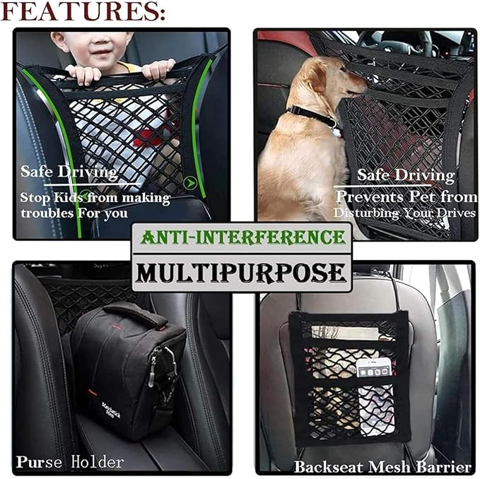 DYKESON Pet Barrier Dog Car Net Barrier with Car Mesh Organizer Baby Stretchable Storage Bag Universal for Cars, SUVs -Easy Install,Safer to Drive with Pets and Children, 3 Layer S