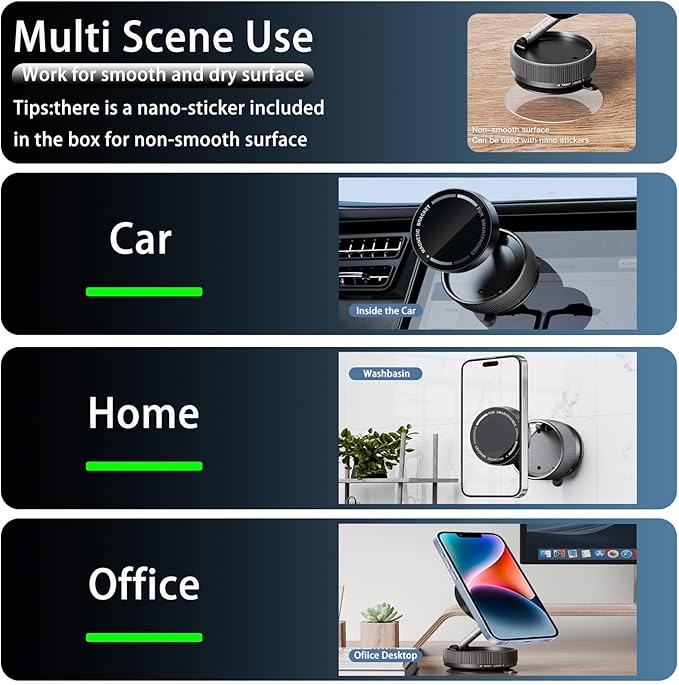 Vacuum Suction Magnetic Car Phone Holder Mount Fit All Phones,Adjustable Phone Holders for Your Car,Mechanical Knob No Need Charging,Metal Ring Stick Outside if Case Non-Magnetic (Black)