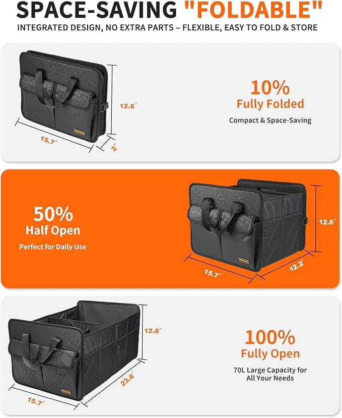 Sturdy Car Trunk Organizer – Large Capacity Trunk Organizer for SUVs & Sedans, Hard-Shell One-Piece Design with Cute Print, Collapsible and Durable Car Organizers (Black Leopard 70L)