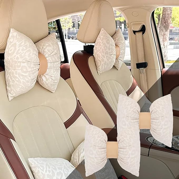 Car Headrest Pillow with Leopard Print Chic Car Interior Breathable Neck Support Cushions Fits for Most Cars (Beige Pillow)